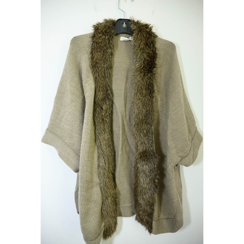 Coldwater Creek Cardigan M/L Taupe Faux Fur Trim Merino Wool Blend